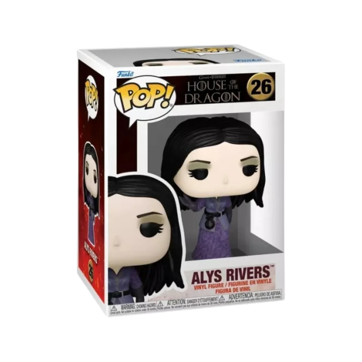 Funko Alys Rivers de la casa del dragon. pelo negro, vestido lila y ojos negros.