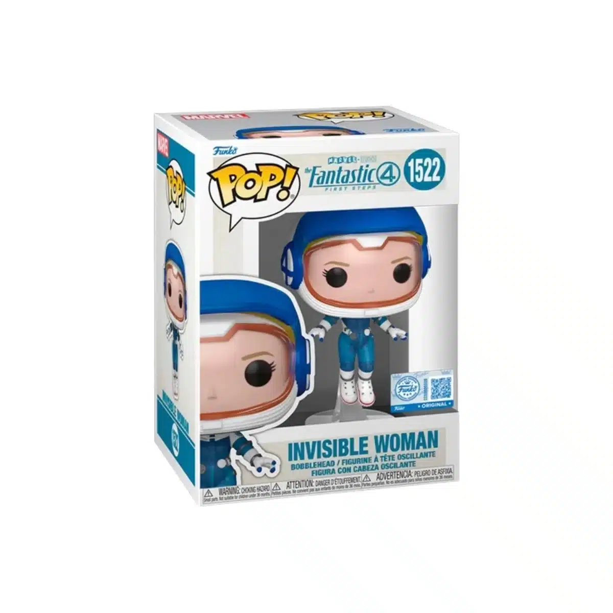 Funko Invisible Woman de los 4 fantasticos. La mujer invisible vestida con un traje azul astronauta y casco