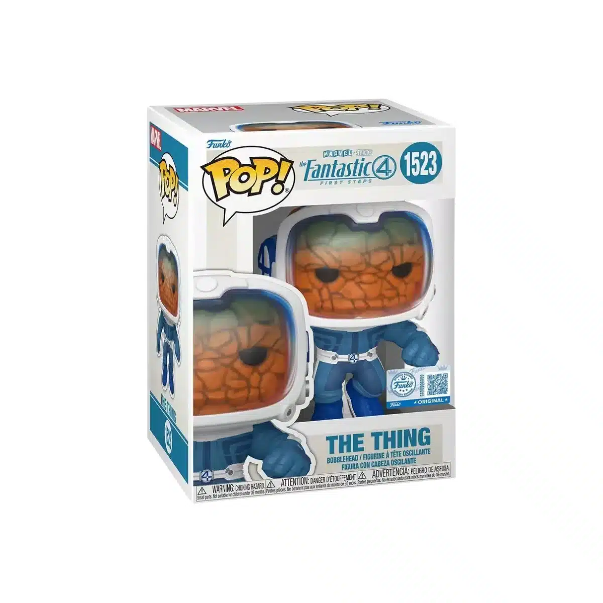 Funko The Thing la roca uno de los personajes de los 4 fantásticos. Con traje azul y casco de astronauta.